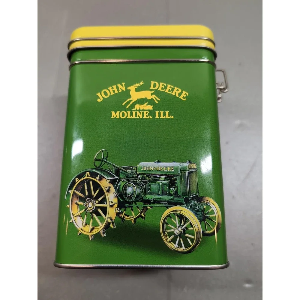 John Deere Metal Tin Box Collectible Storage Latch Lid Green Yellow 7.5 inch